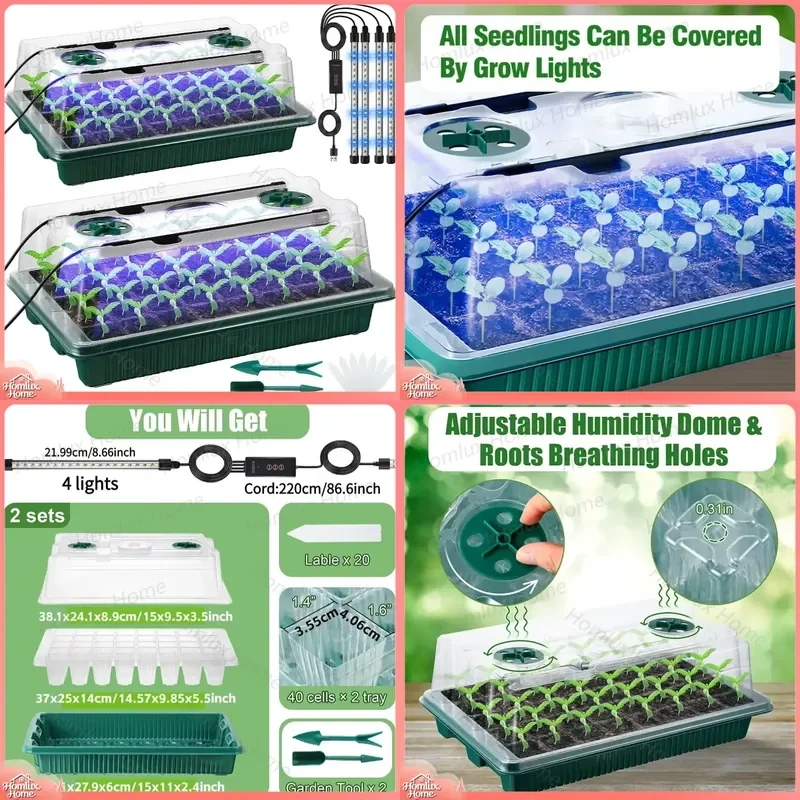 2 Packs Seed Starter Trays with High Dome Germination Kit 80 Cell Plant Propagation Tray 4 LED Grow Lights Smart Timer 3