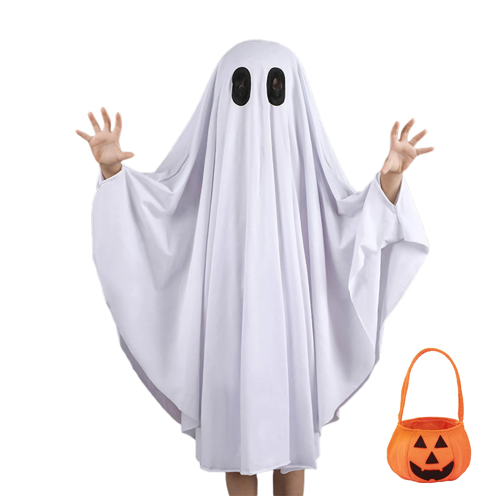 Kids Ghost Costume Halloween Ghost Cape with Pumpkin Bag Set for Toddler Cosplay Party Holiday Outfit