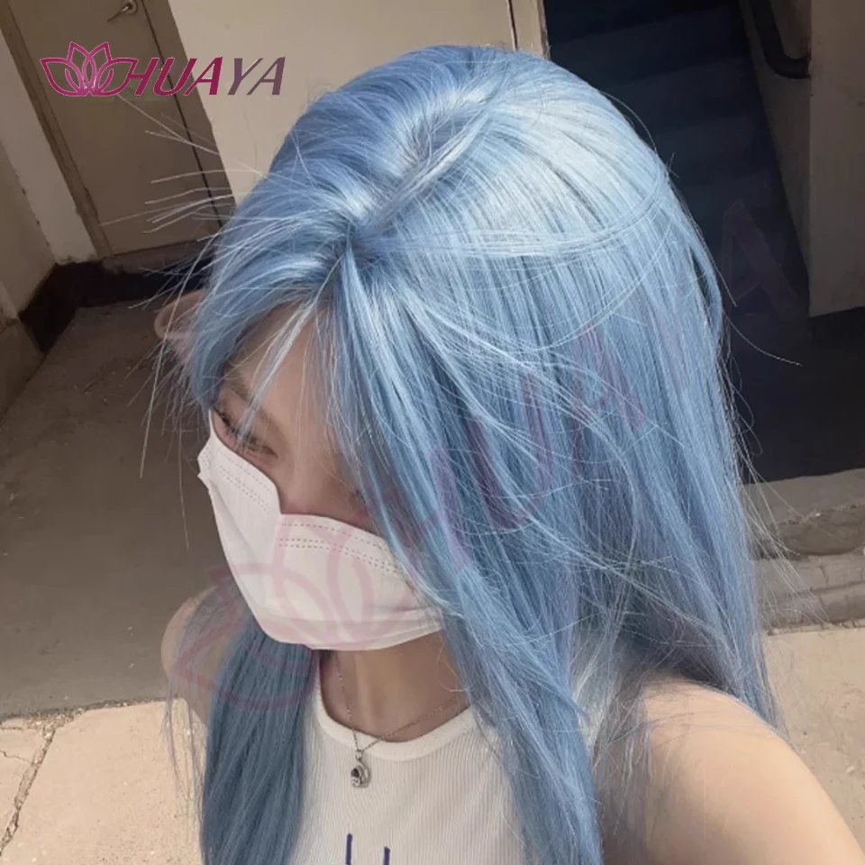 Synthetic Blue Long Straight Wig for Women Middle Part Layered Full Hairpiece Anime Cosplay Daily Party Costume Wig