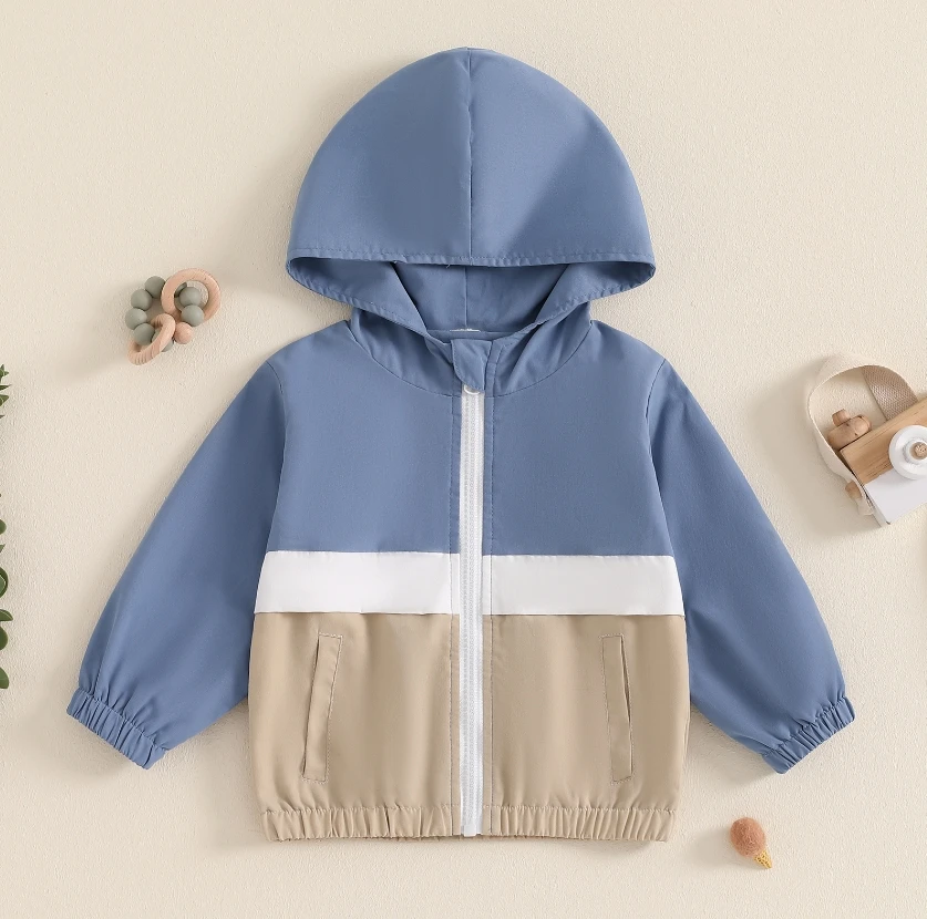 

Toddler Boys Hoodies Coats Long Sleeve Contrast Color Zip Up Hooded Jackets Baby Tops Outwear Kids Boys Clothes