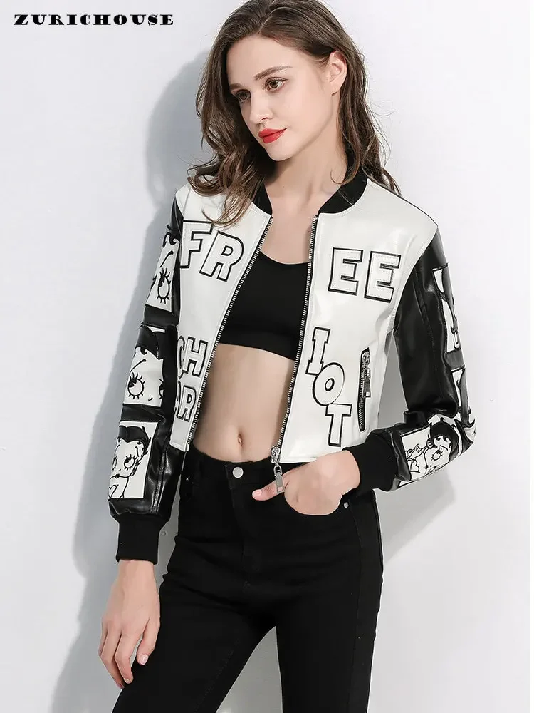 Patchwork Cartoon Letter Embroidery Cropped Leather Jacket Women 2024 Streetwear Contrast Spliced Faux Leather Motorcycle Jacket