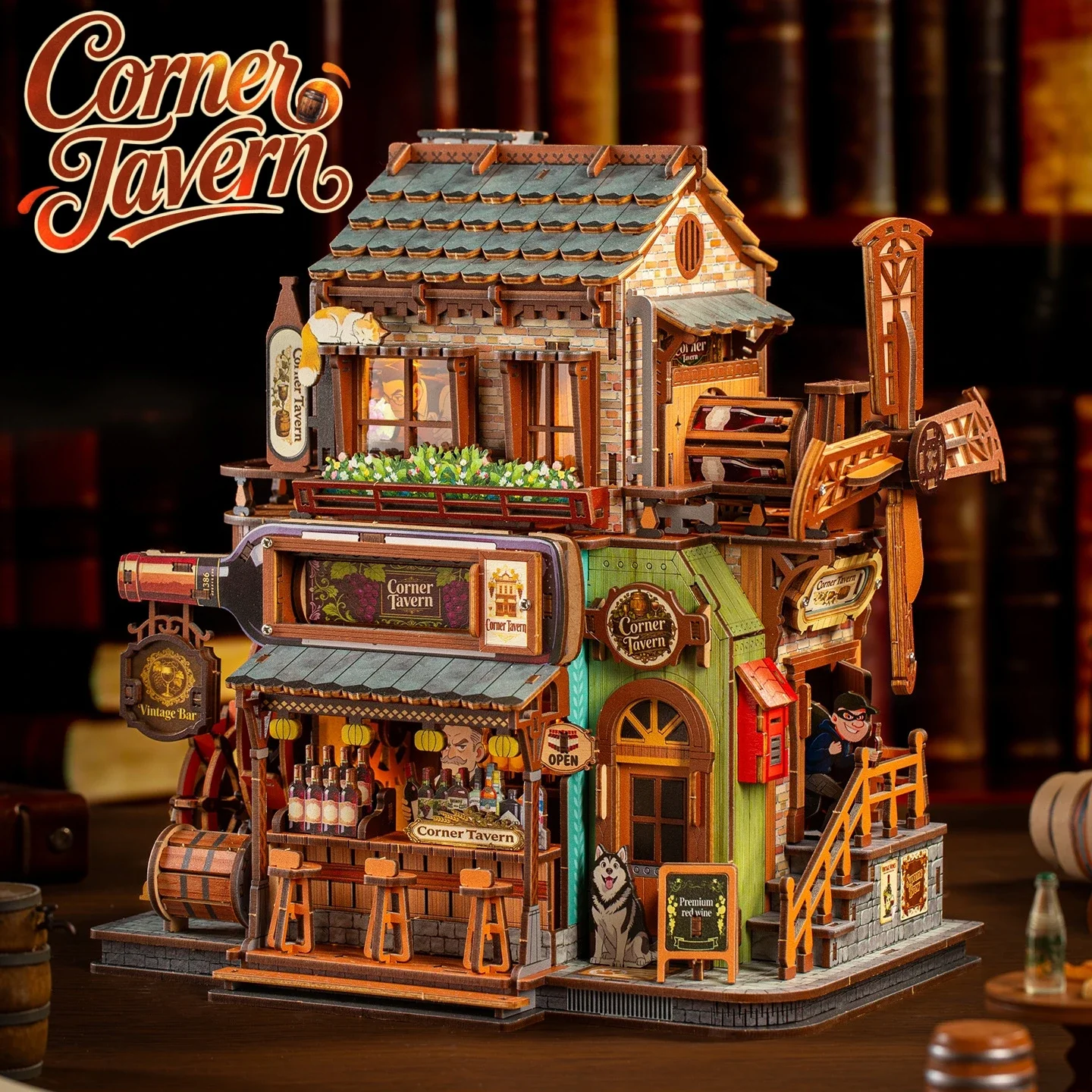 3D Puzzle Assembly Rotation Model Kits DIY Wooden Corner Tavern Cottage Miniature Dollhouse for Adults Birthday Gifts Home Decor
