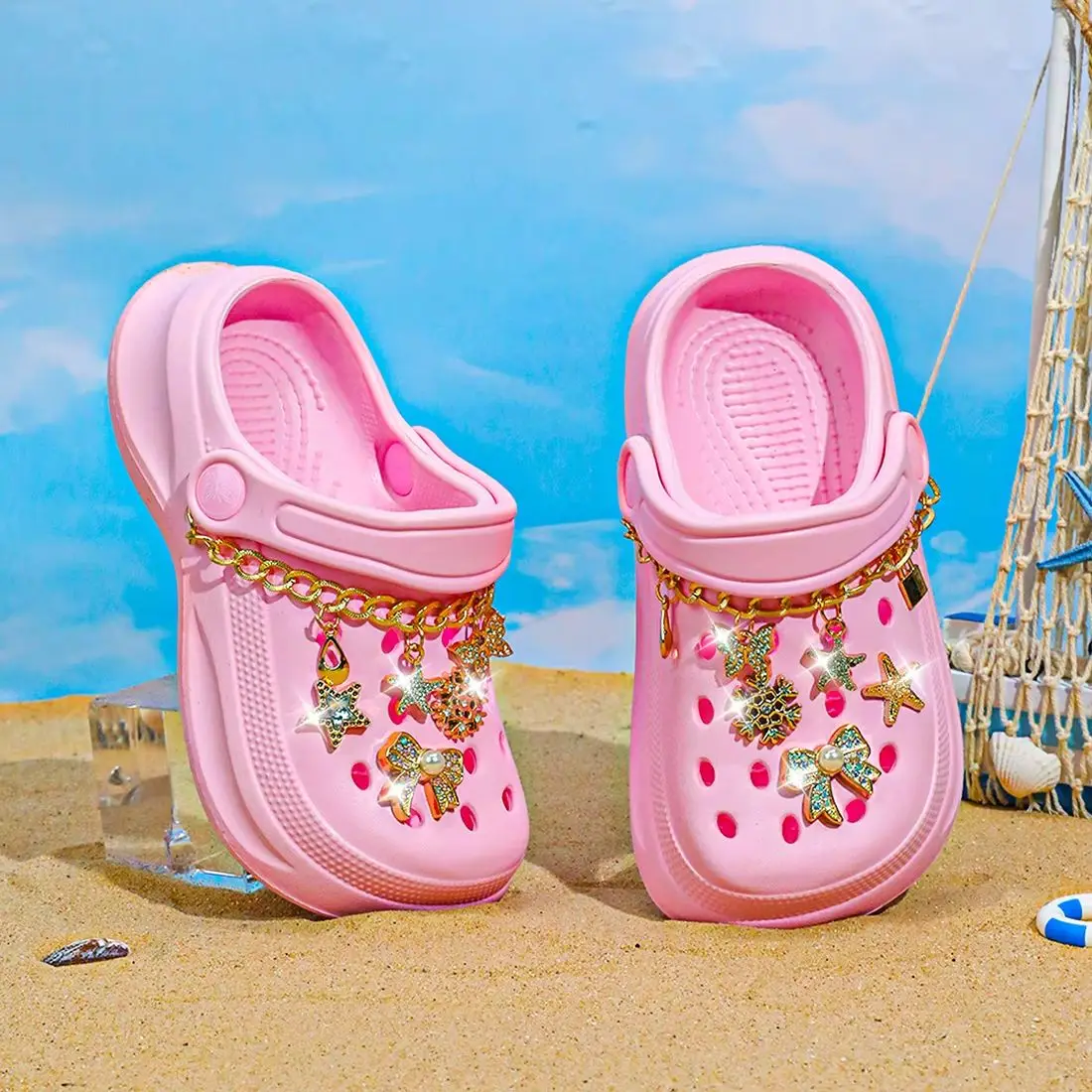 Kids Slip-On Clogs and Mules - Breathable, Waterproof, EVA Garden Shoes with Decorative Chain for Beach and Everyday Wear 168
