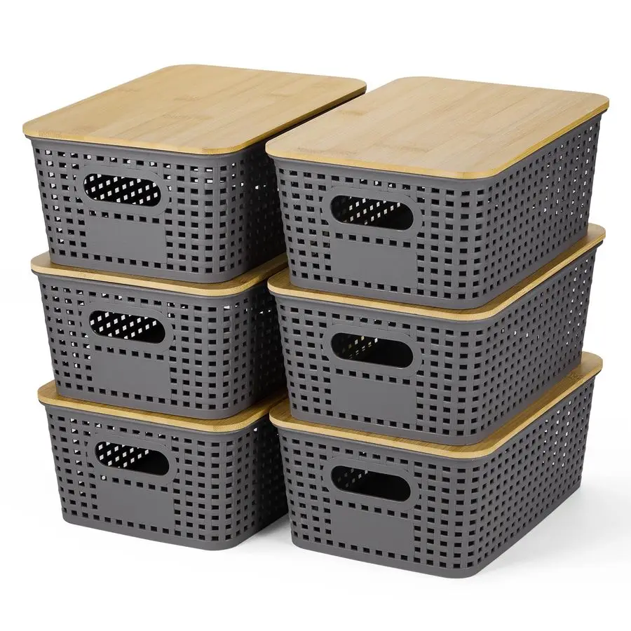 

Storage Baskets With Bamboo Lid Plastic Storage Containers Stackable Storage bins Storage Baskets for Organizing Shelves Drawers