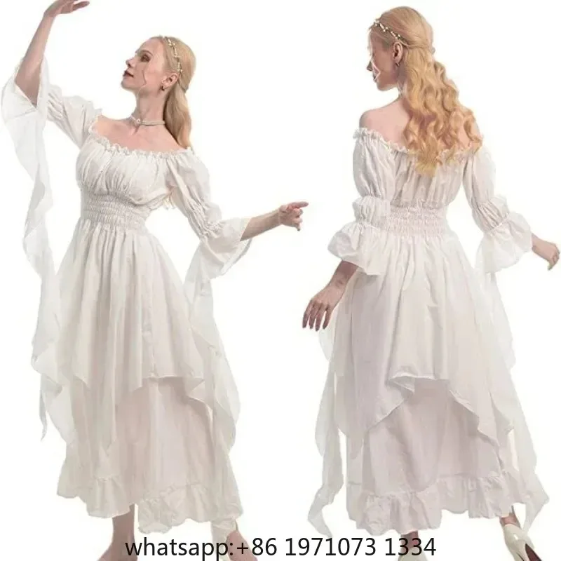 Medieval Renaissance Costume Halloween Forest Fairy Elven Wedding Chemise Dress Adult Women Shirred Waist Cincher Gown Outfit