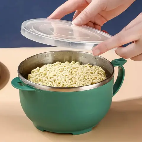 1 st. snabbnudelskål i rostfritt stål med lock och handtag, värmeisolering och skållningsskydd, stor kapacitet 10 best sales skål i rostfritt stål med lock - №8