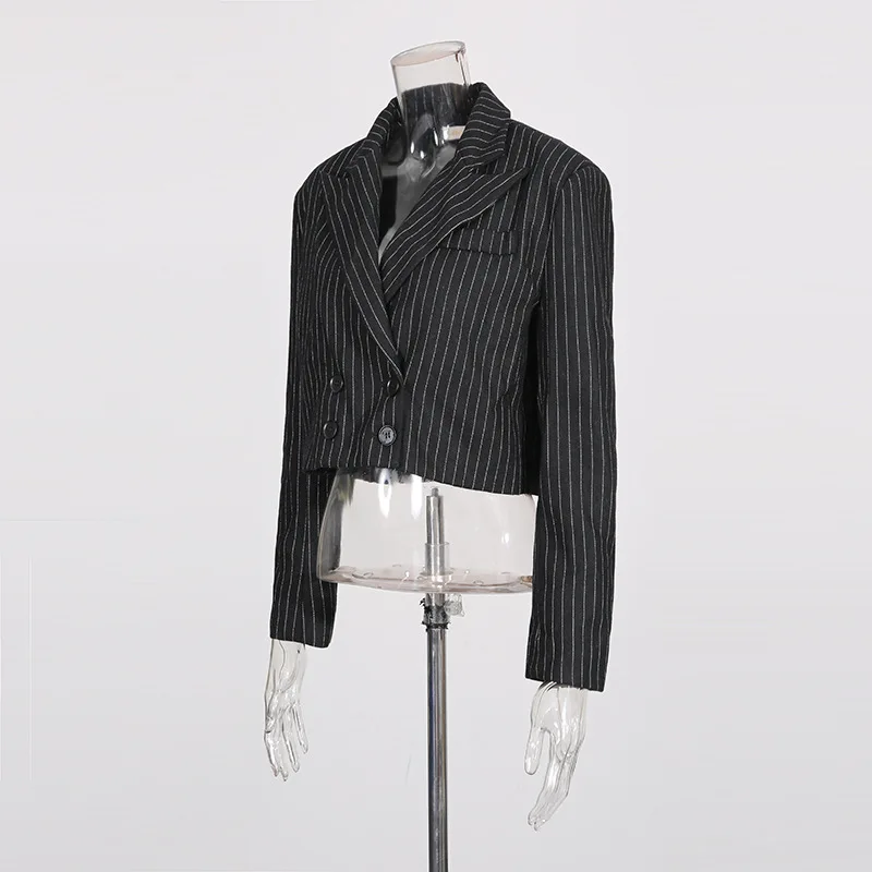 HKSH Women Short Blazer Dark Style Striped Double Breasted Design Patchwork Niche High-end Casual Fashion Slim Suit-Coat HK27288