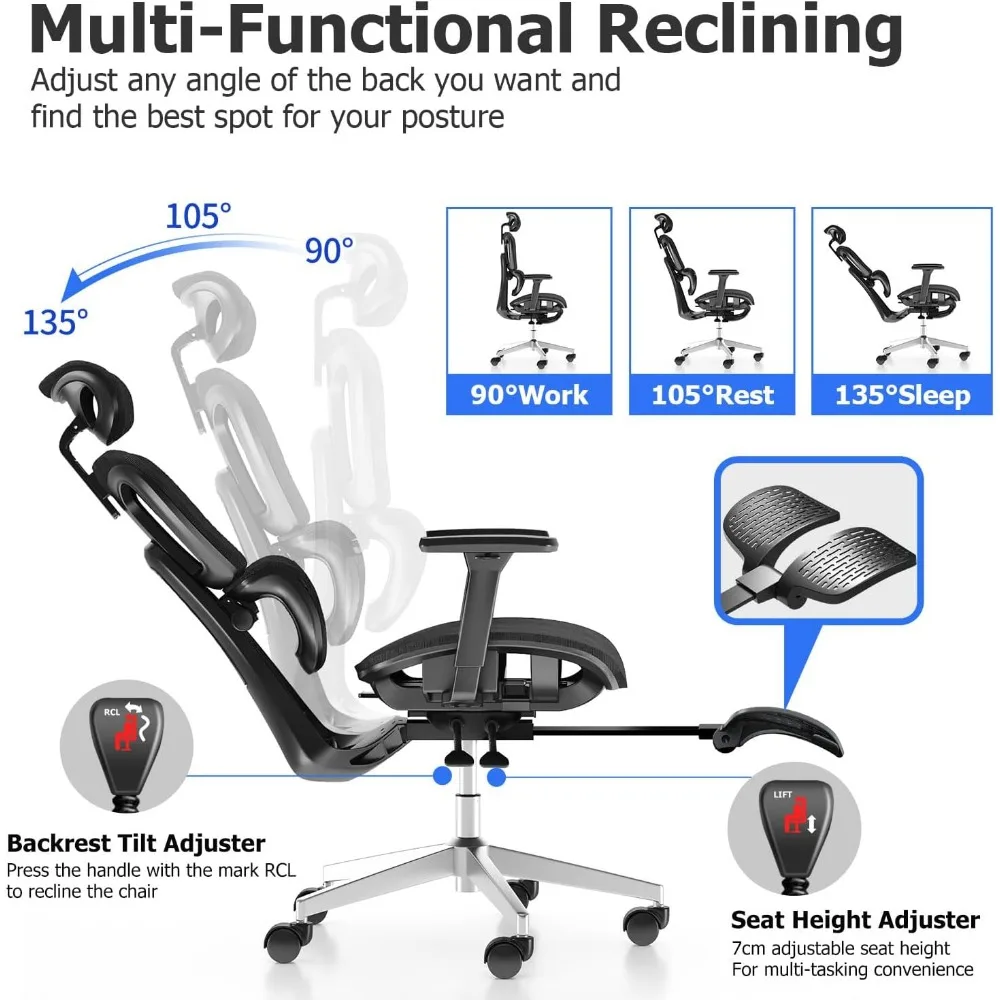 Kursi kantor jala ergonomis, dengan sandaran tangan 3D dapat disesuaikan, kursi komputer meja belakang tinggi Ergo3d, kursi kantor ergonomis dengan roda