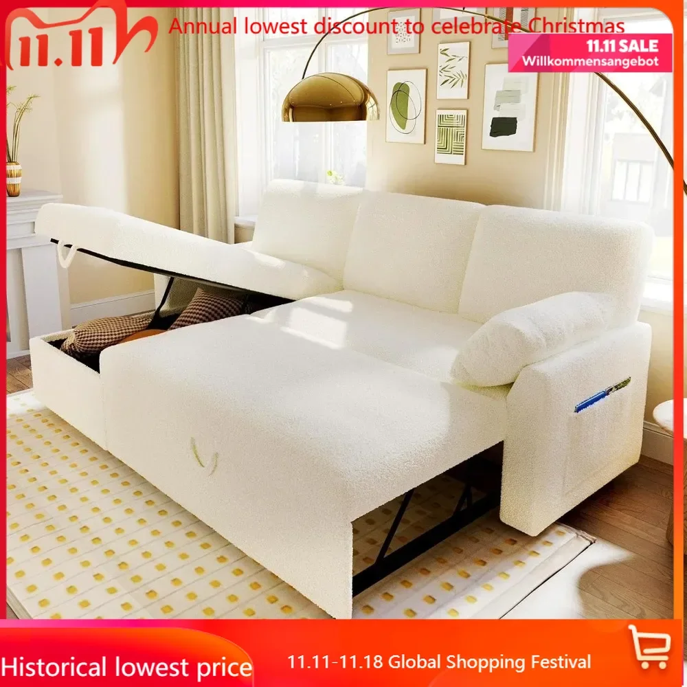 

Sleeper Sofa, Sofa Bed- 2 in 1 Pull Out Couch Bed with Storage Chaise for Living Room, Sofa Sleeper with Pull Out Bed, Wh