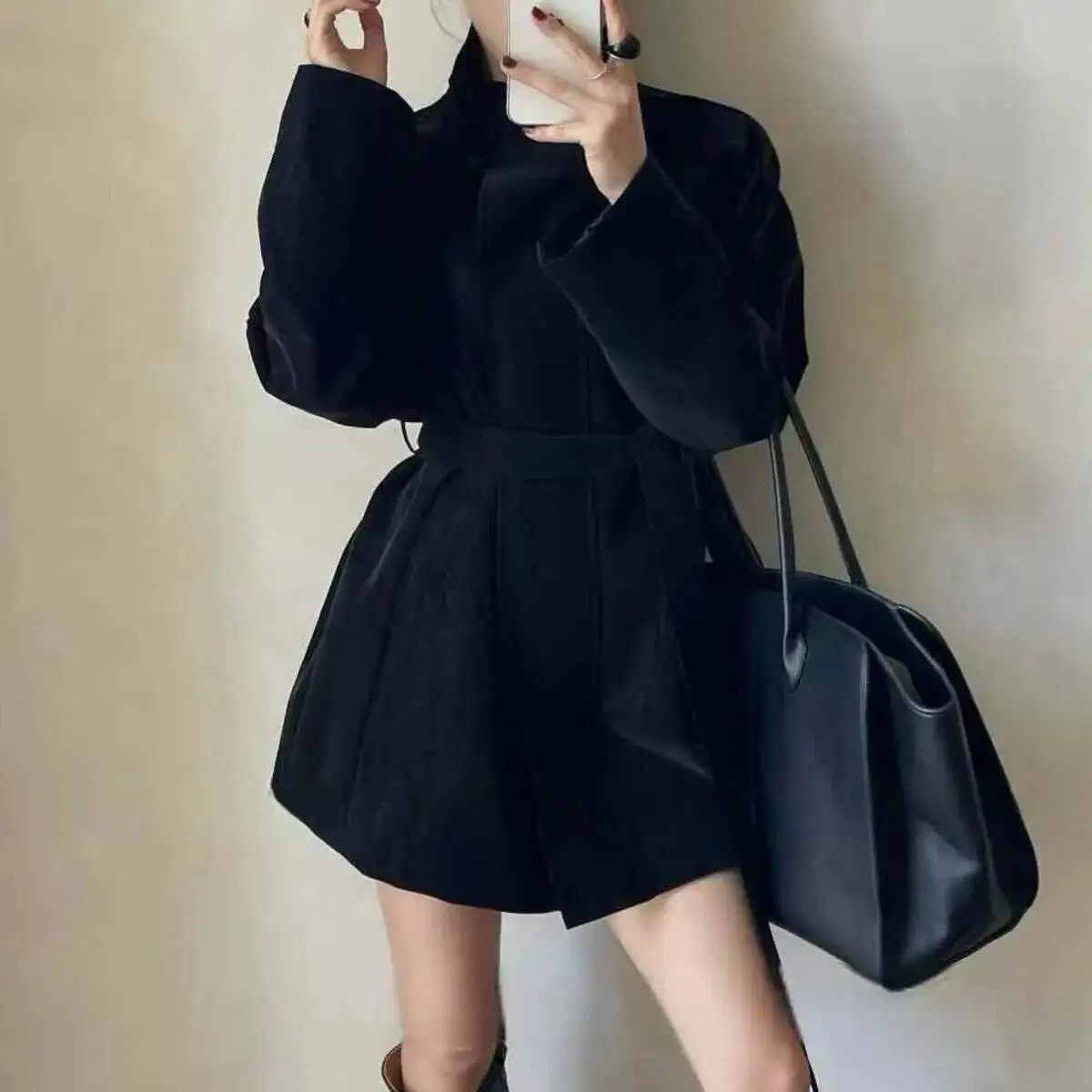 BJTZ ベルト付きタイウエストスタンドカラートレンチジャケット女性のための 2025 秋の新トレンドソリッドカラーオフィスレディ気質ウインドブレーカー