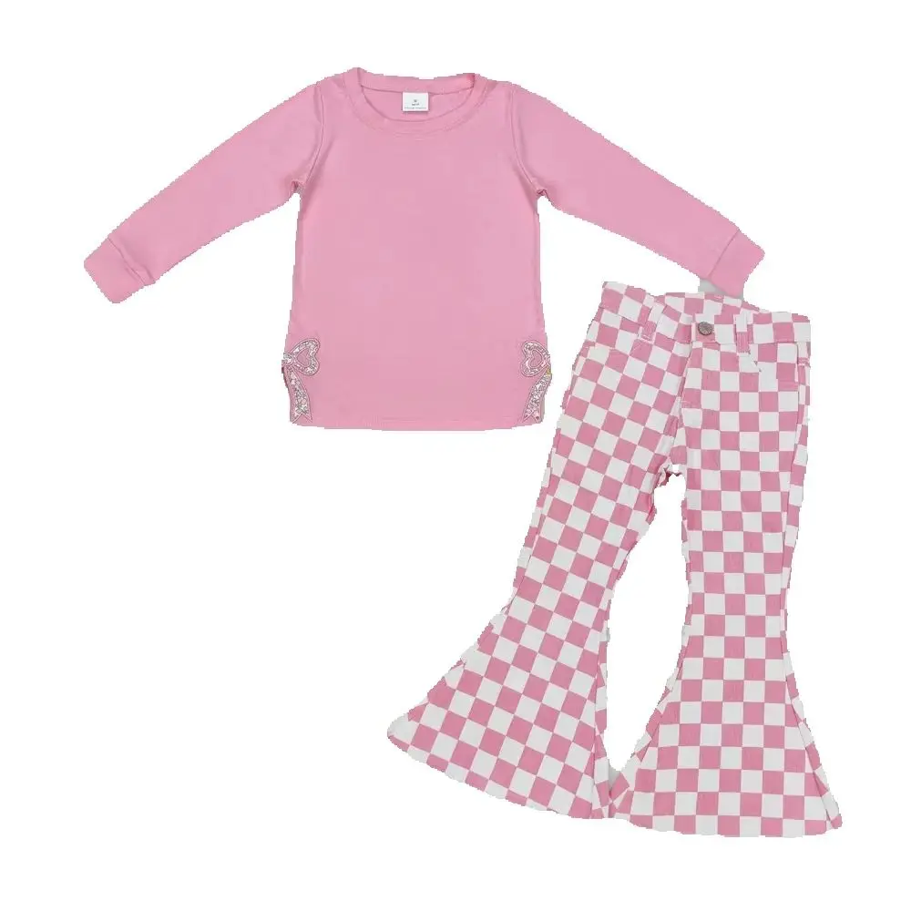 

RTS NO MOQ ETA 5/7days arrived GT0872 P0348 Pink long-sleeved top with embroidered flower and bow pattern plaid denim pants