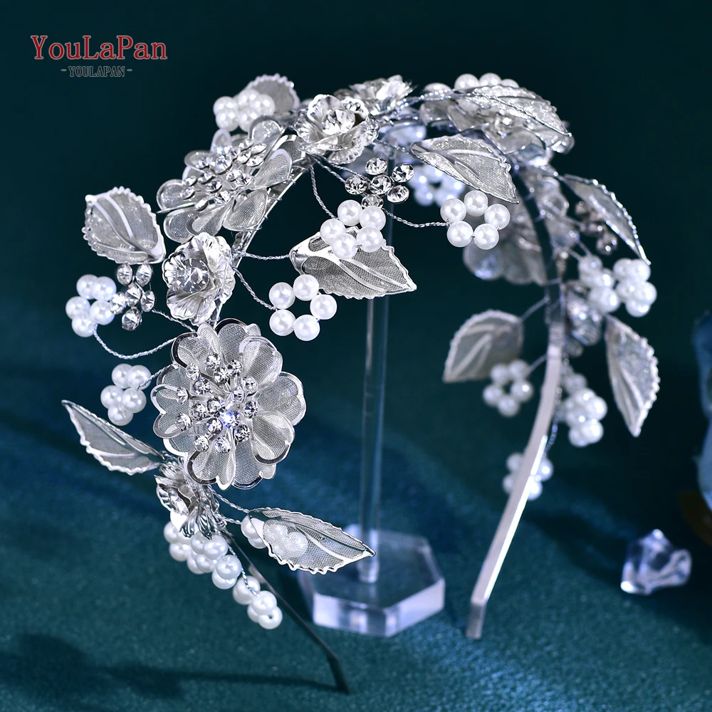 Youlapan noiva flor argola de cabelo cor prata liga flor casamento bandana artesanal pérola strass headpieces para mulher hp790