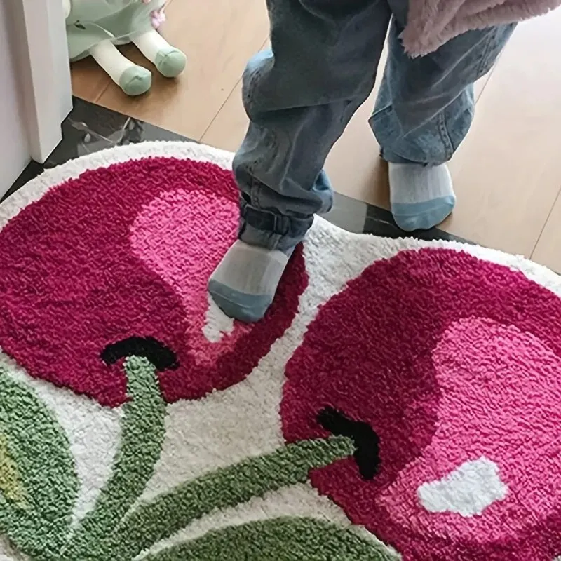 Cute Cherry Bath Mat, Absorbent Microfiber Bathroom Rugs, Fluffy Non-Slip Fruit Shaped Doormat, Bathtub Carpet For Bathroom