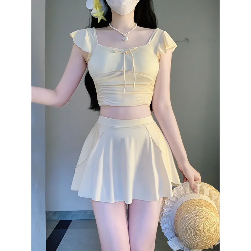 Women's 2 Piece Set Cream Yellow Square Neck Ruffle Strap Bow Ruched Crop Top Layered Flared Summer Beach Bathing Suit Swimwear