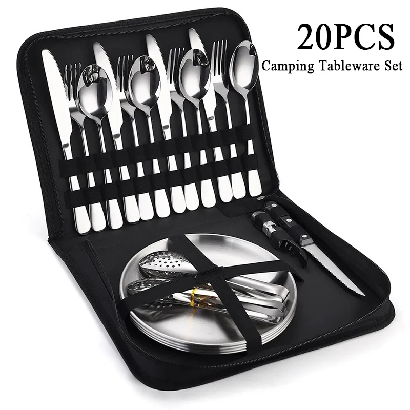 20PCS Camping Tableware Set Portable Cutlery Kit Stainless Steel Picnic Gold Disc Steak Knifes Forks Spoon Set with Bag