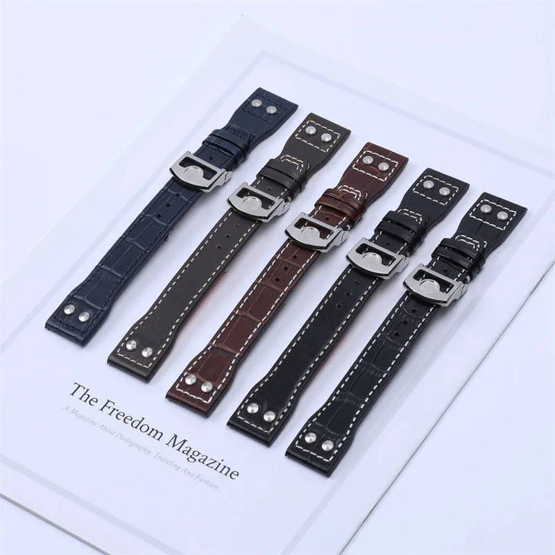 

Men's WIC Pilot Rivet Style Genuine Leather Watchband with Top Layer Cowhide Watch Strap Waterproof Folding Buckle 21 22mm