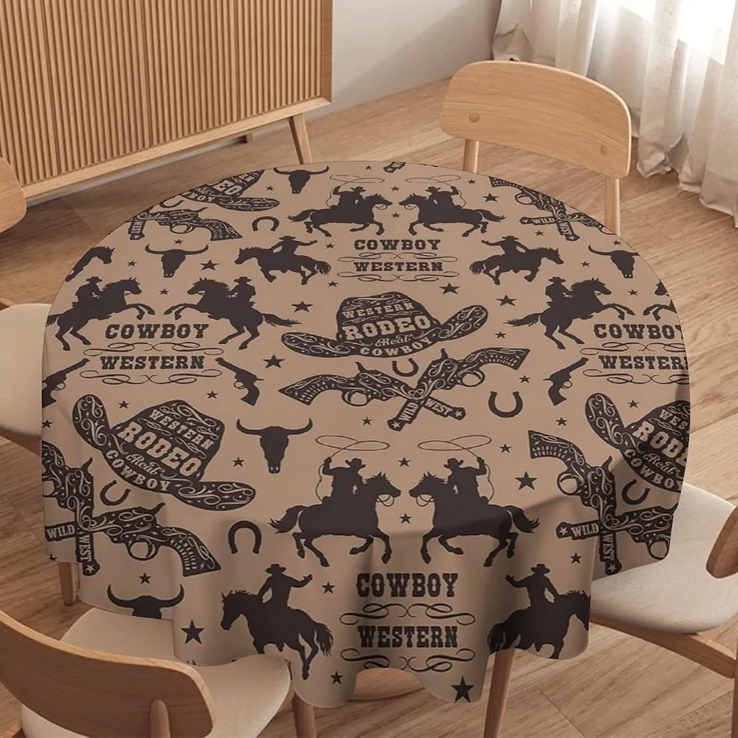 Farmhouse Western Cowboy Round Tablecloth Vintage Country West Cowboy Riding Horses Print Washable Cover for Home Party
