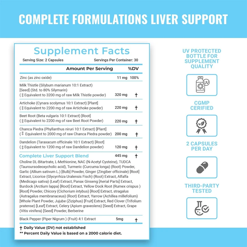 Complete formula milk thistle+NAC supplement containing dandelion root, TUDCA, and complete liver support supplement mixture