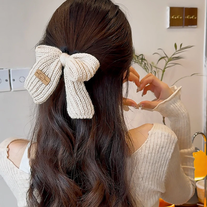 Autumn And Winter Knitted Wool Bow Hair Rope Girl's Sweet And Versatile Large Hair Ring Head Rope Hair Rubber Band