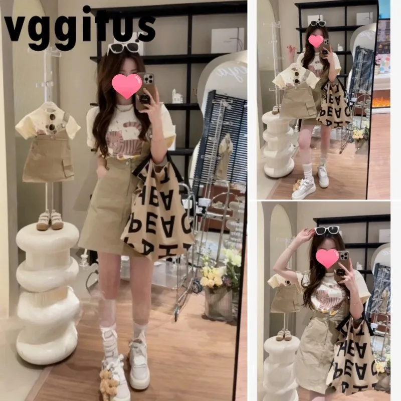 

Summer Korean Style Girls Family Matching Outfits Cartoon Cat T-shirt+Single Shoulder Strap Skirt Mother and Daughter Sets C6798