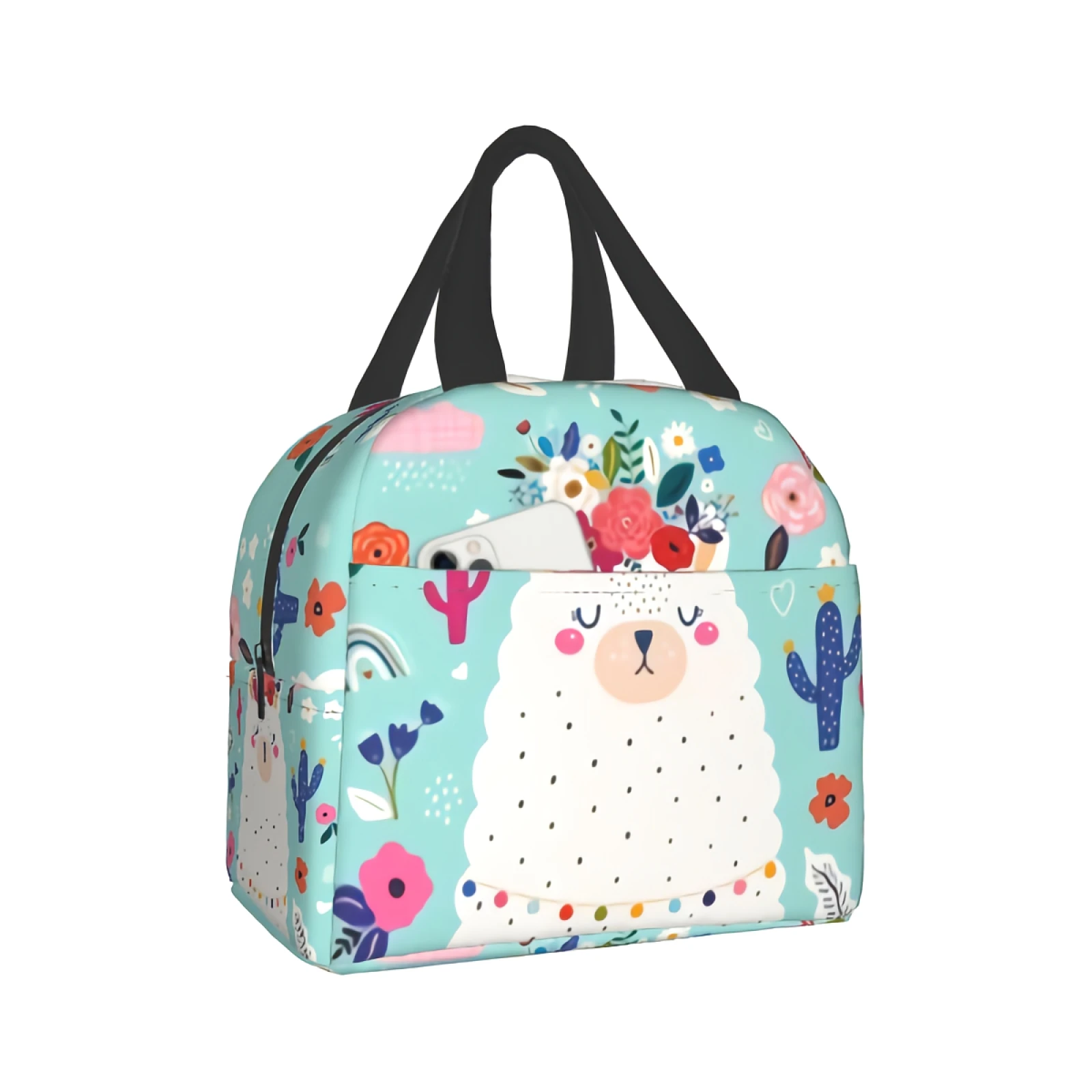 Cute Baby Alpaca Llama With Spring Floral Wreath Cactus Insulated Lunch Bag Reusable Leakproof Lunch Box for Work School Travel