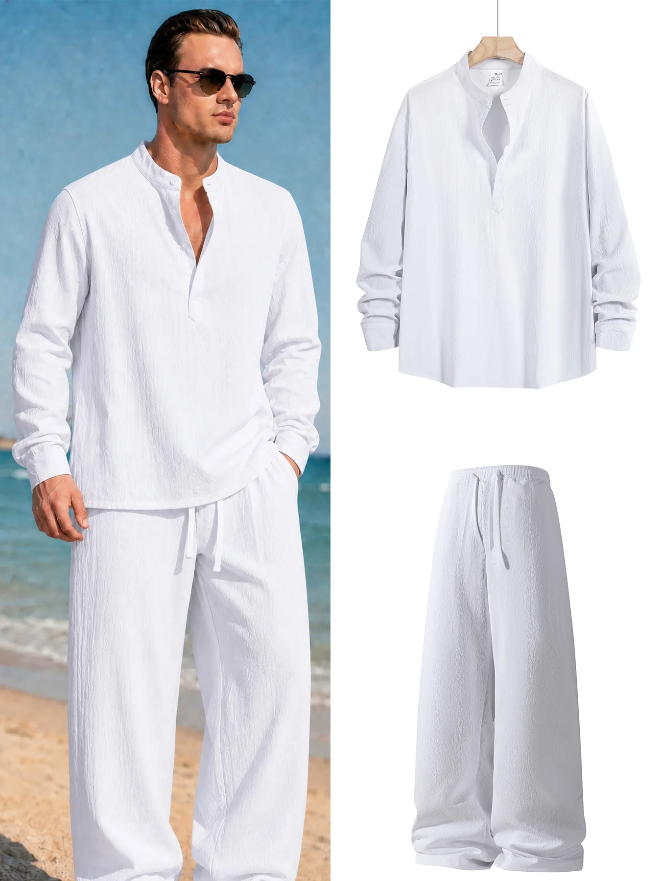 Men's 2 Piece Style Outfit Set Mandarin Collar Henley Shirt and Drawstring Pants Casual Resort Vacation Wear