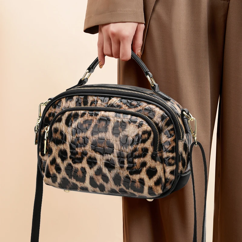 Aidani Genuine Leather Leopard Print Crossbody & Handbag for Women, 2026 New Style, Large Capacity Shoulder Bag, Round Bag