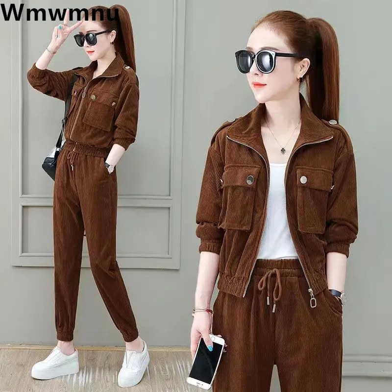 

Vintage Slim Mom Coffee Corduroy Two Piece Sets Women Classic Tops Coat Conjuntos Casual Fashion High Waist Pencil Pants Outfits