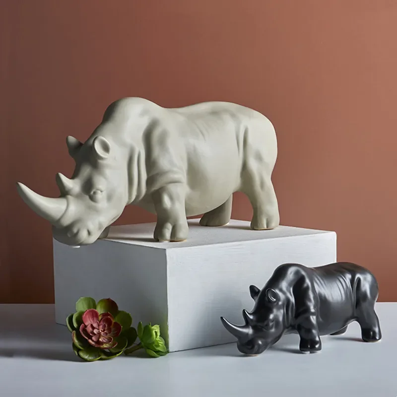 Ceramic Crafts Simulation Animal Sculpture Rhino White Ornaments Figures Home Decoration Accessories