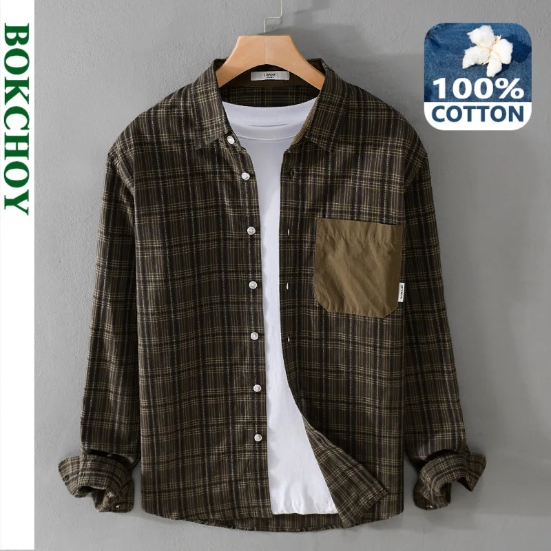 2024 Spring Autumn New Vintage Plaid Long Sleeve Shirts for Men Clothing Solid Color Simple Casual Loose Soft Streetwear FY9500