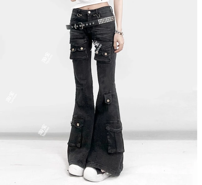 American Retro Girl Multi Pocket Vita bassa Y2k Slim Bootcut Jeans Moda Versatile per il tempo libero Nero Grigio Pantaloni in denim lavati