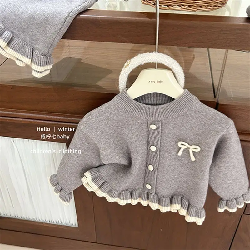 

Girls Fungus Edge Splicing Sweater Jumper 2025 Autumn and Winter New Little Girl Bow Knitted Sweater