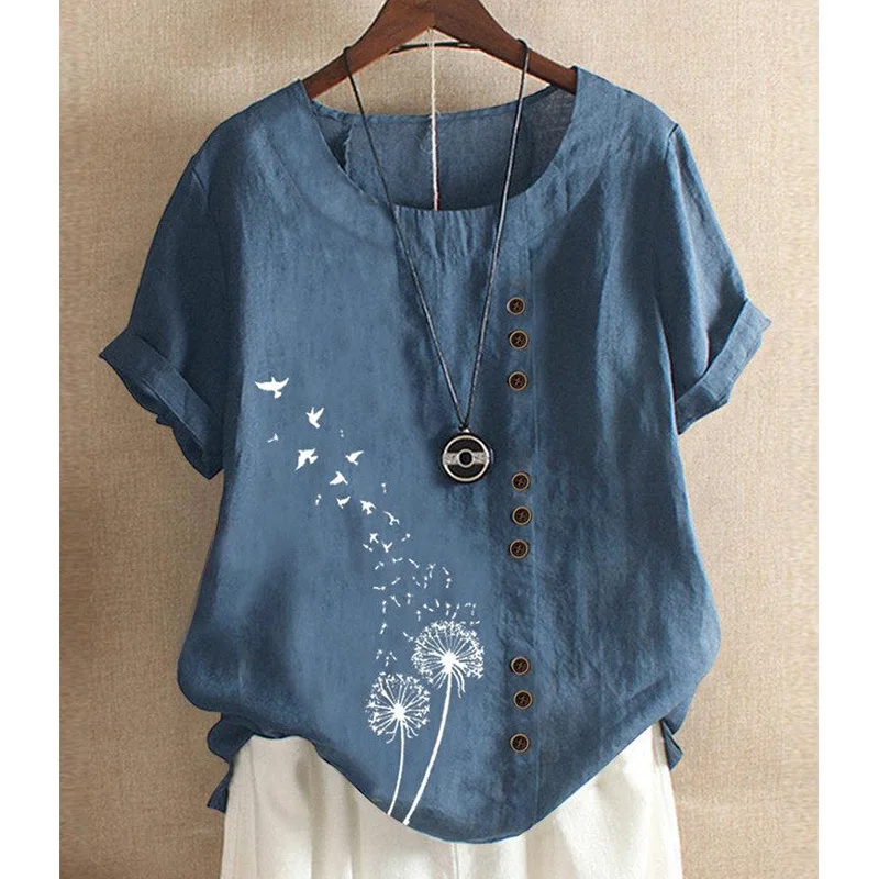 

Hot Selling Dandelion Print Round NeckTWomen's Loose Short Sleeve Shirt Large Size269863