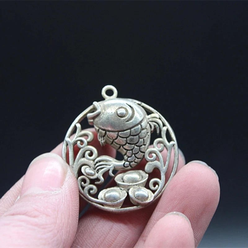 

Elaborate Interesting Chinese Tibetan Silver Round Fish Shoe-shaped Silver Ingots Auspicious Statue Pendant