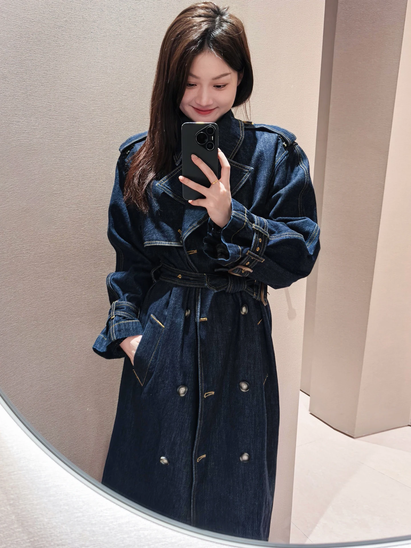 Cappotto lungo in denim premium Jaet Autunno Inverno Capispalla Faion da donna Taglio dritto Design semplice con cintura Marchio cinese