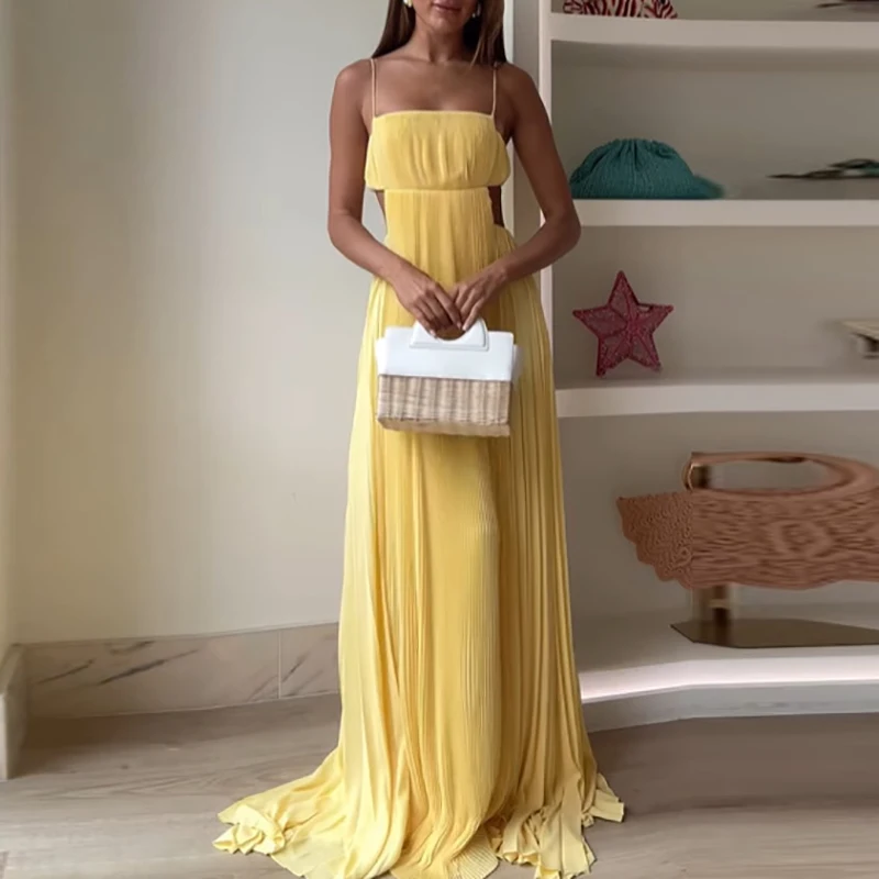 فستان سيدة مثير بدون ظهر متأرجح سادة أنيق بدون أكمام فستان طويل مجوف موضة بدون أكتاف عالي الخصر مطوي فستان سهرة