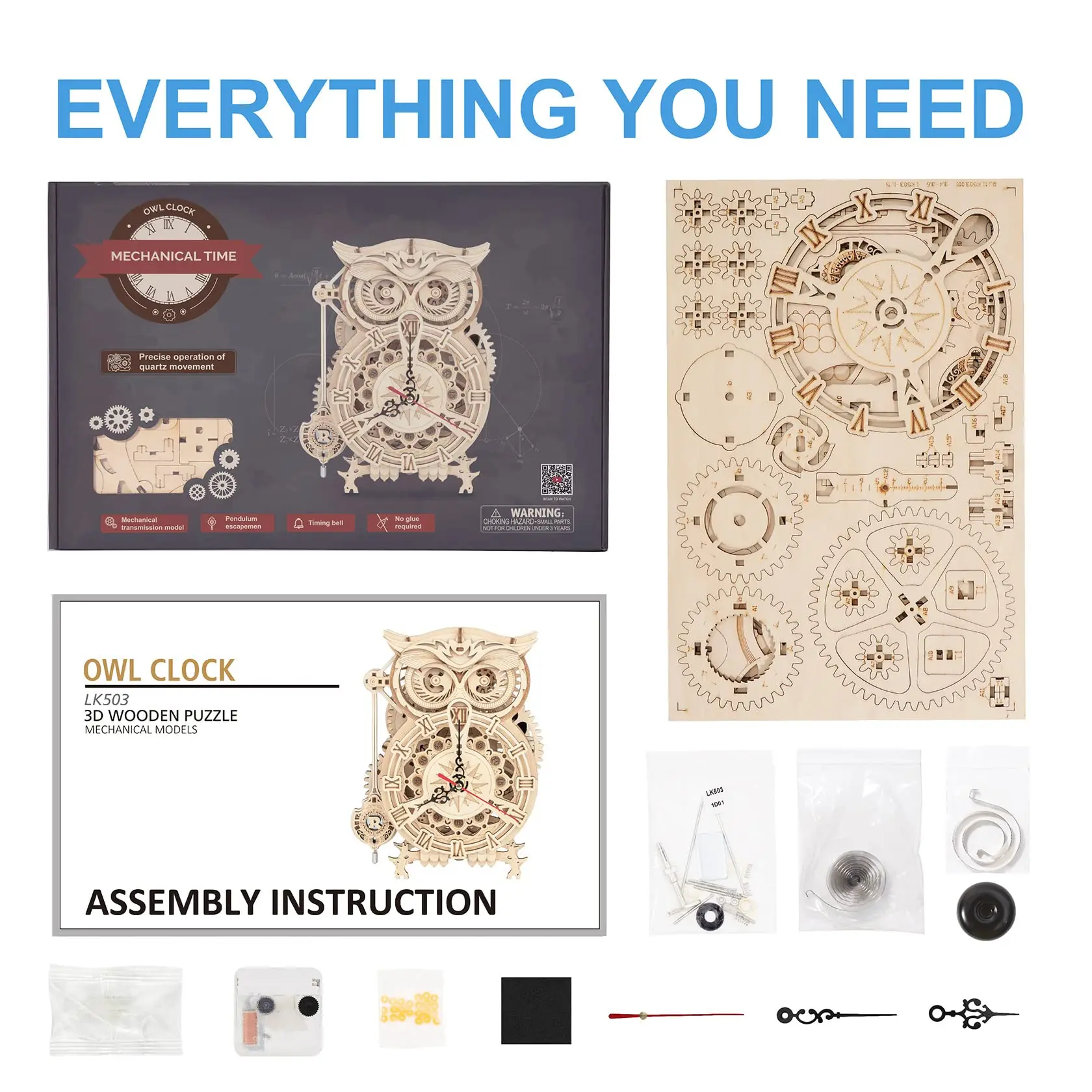 Robotime Rokr-reloj de búho 3D, Kit de bloques de construcción de modelo de madera DIY, juguete para regalo creativo de fácil montaje para niños y adultos LK503