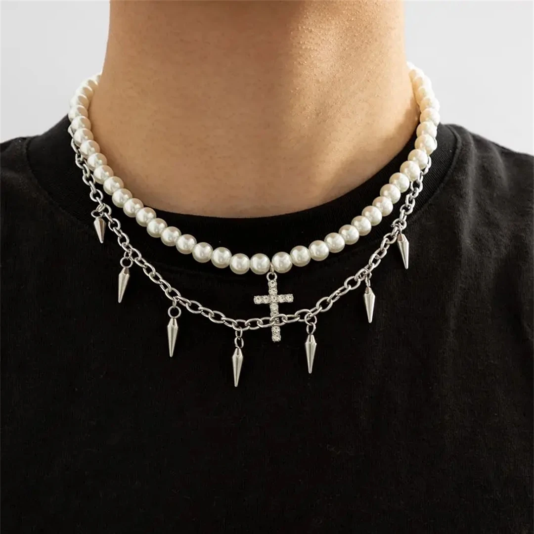 

Punk Pearl Beads Chain Spikes Cross Pendant Necklace Men Hiphop Layered Stainless Steel Choker Necklace Set New Fashion Jewelry