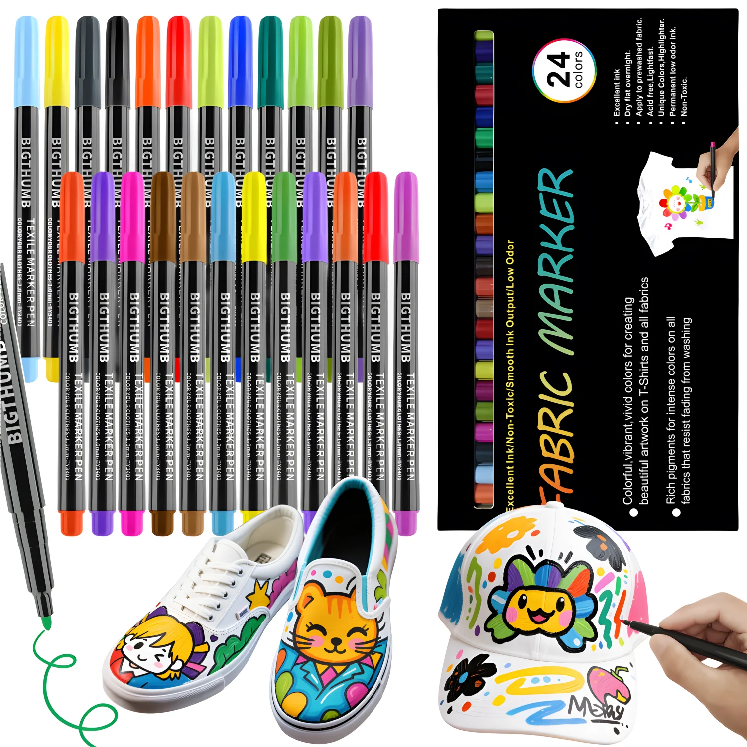 Fabric Markers Permanent For Clothes,24Colors,Waterproof&Machine Washable,No Bleed Pen for T-Shirt,Canvas Shoes,Bags,Pillowcase