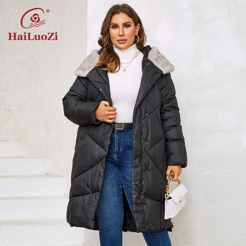 HaiLuoZi 2023 New Women\'s Winter Jackets Plus Size Long Warm Parkas Elegent Hooded With Fur High-quality Quilted Coats Women1131