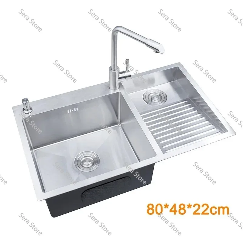 80x48cm 304 Stainless Steel Single Bowl Kitchen Sink Above Counter or Undermount with Washboard and Soap Dispenser