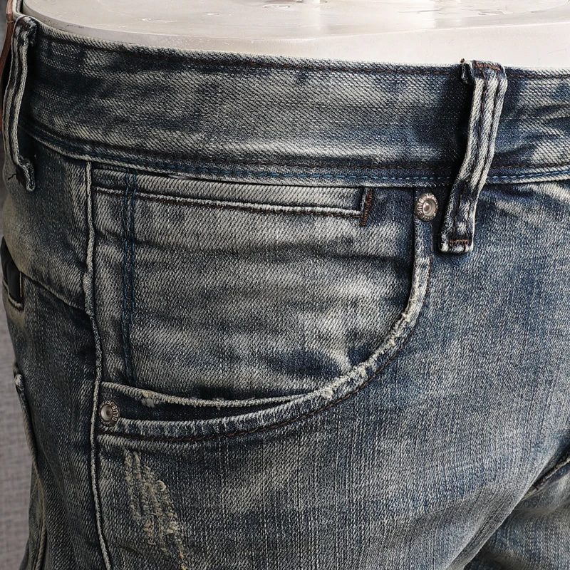 Fashion Designer Men Jeans High Quality Retro Blue Elastic Stretch Slim Fit Ripped Jeans Men Patched Vintage Denim Pants Hombre