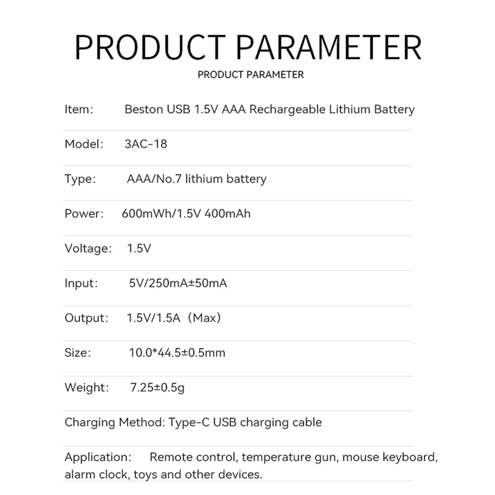 Beston Battery USB 1.5V 3AC No.7 Rechargeable Battery 4pcs a Lot 600mWh Smart Chips With Type C Charge Cable Free Shipping