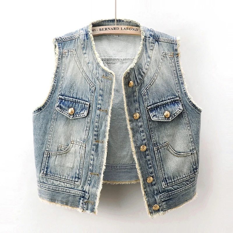 

Vintage Blue Frayed O Neck Pocket Denim Vest Women Waistcoat Cowboy Sleeveless Jacket Spring Summer Slim Short Jeans Vest Female