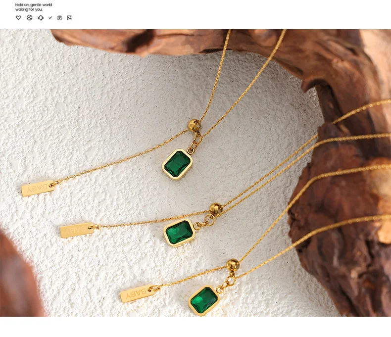 Grüne Zirkon-Anhänger-Halsketten aus Edelstahl, 18 Karat vergoldet, wasserdicht, nicht anlaufend, verstellbare Kette für Damen – Detail 7