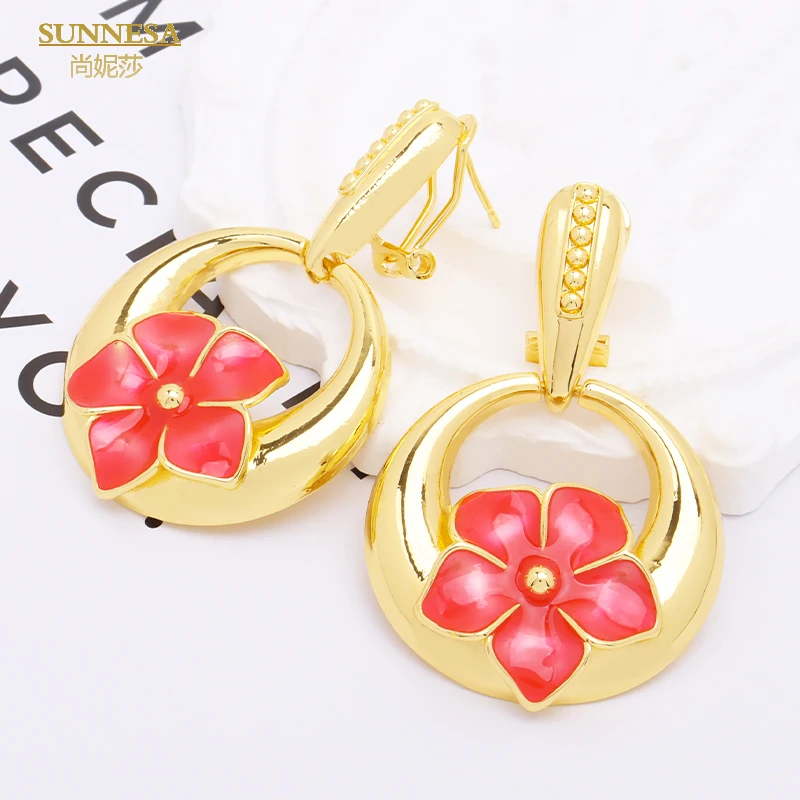 

SUNNESA Vintage Red Flower Drop Earrings 18k Gold Plated African Jewelry Accessories for Women Party Gift Dubai Hoop Earrings