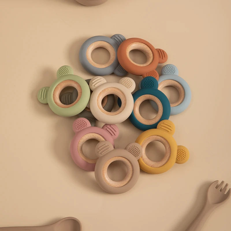 1PC Baby Silicone Wooden Teether Ring Cute Bear Infant Nursing Teething Toys Newborn Health Care Chewing Toy Baby Accessories