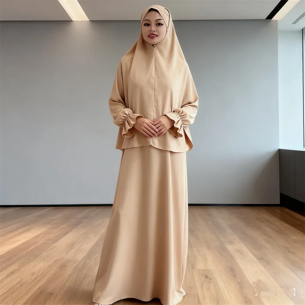 2pcs Muslim Women Hooded Tops Skirt Full Cover Prayer Garment Eid Ramadan Abayas Khimar Islamic Clothing Turkey Robe Abaya Dress