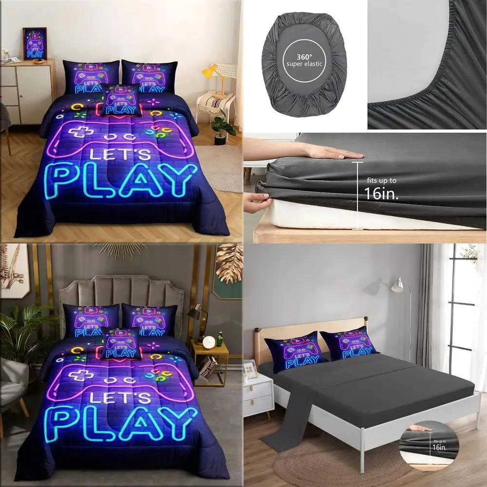 طقم سرير ألعاب من ROWADALO مكون من 6 قطع للأولاد لحاف ألعاب بحجم كوين، لحاف وحدة التحكم في الألعاب للوحة ألعاب ثلاثية الأبعاد من الألياف الدقيقة