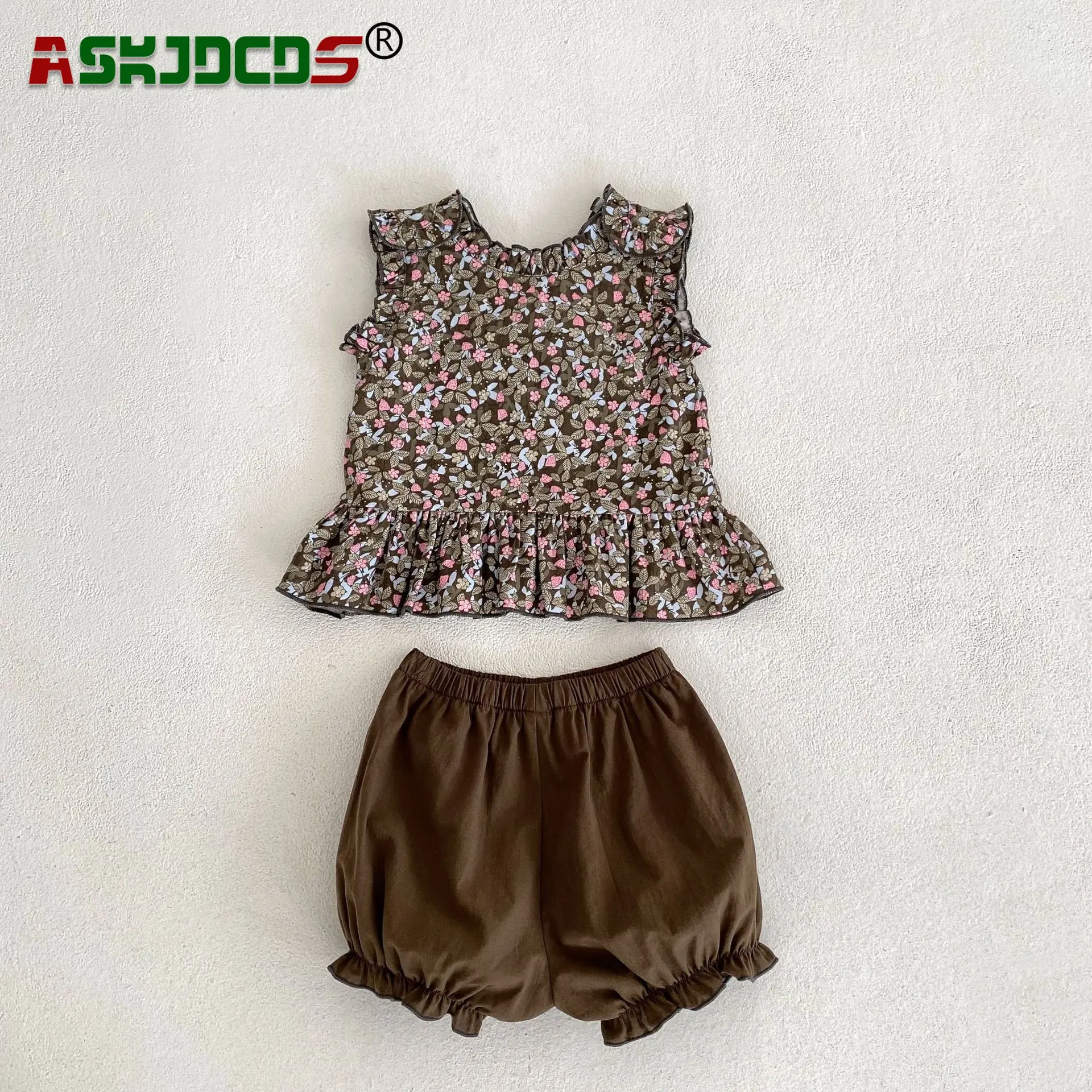 

New In Summer Children Set 2pcs Kids Baby Girls Sleeveless Floral Ruched Bow Top T-shirts+solid Shorts Toddler Infant Clothing